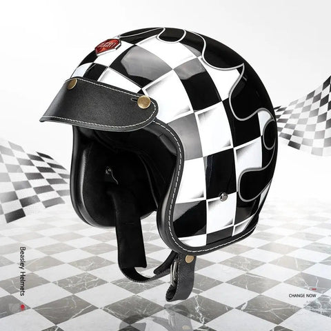 Black & White Checkered Flames & Black Leather Open Face 3/4 Beasley Motorcycle Helmet