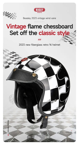 Black & White Checkered Flames & Black Leather Open Face 3/4 Beasley Motorcycle Helmet