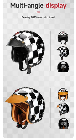 Black & White Checkered Flames & Black Leather Open Face 3/4 Beasley Motorcycle Helmet