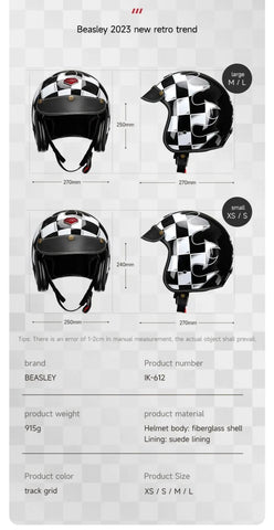 Black & White Checkered Flames & Black Leather Open Face 3/4 Beasley Motorcycle Helmet