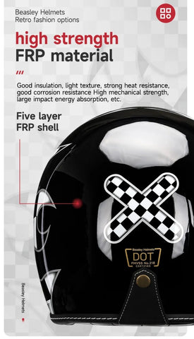 Black & White Checkered Flames & Black Leather Open Face 3/4 Beasley Motorcycle Helmet