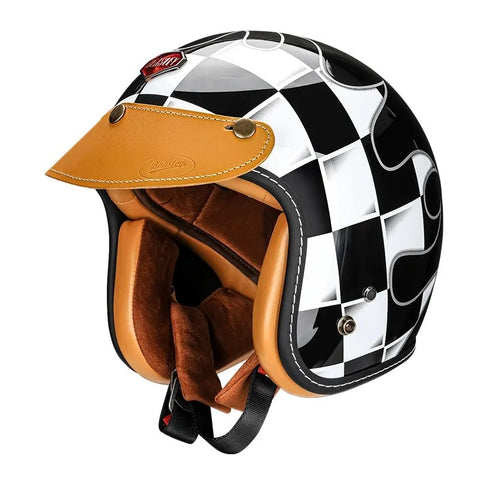 Black & White Checkered Flames & Brown Leather Open Face 3/4 Beasley Motorcycle Helmet