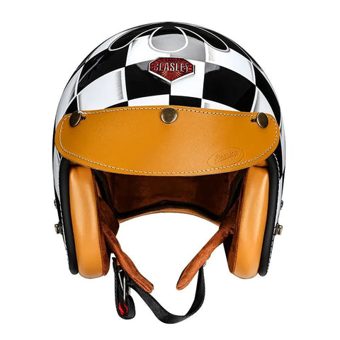 Black & White Checkered Flames & Brown Leather Open Face 3/4 Beasley Motorcycle Helmet