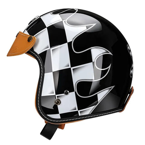 Black & White Checkered Flames & Brown Leather Open Face 3/4 Beasley Motorcycle Helmet