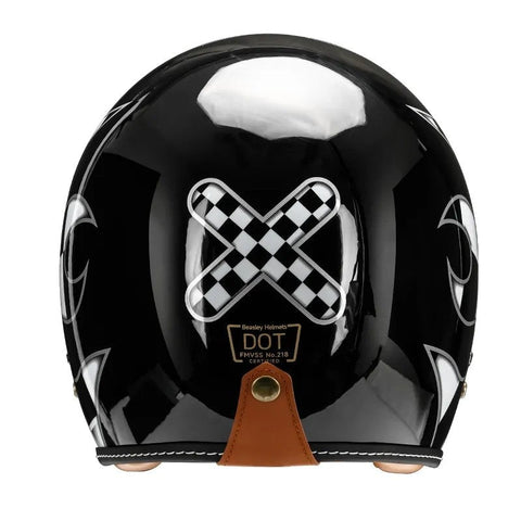 Black & White Checkered Flames & Brown Leather Open Face 3/4 Beasley Motorcycle Helmet