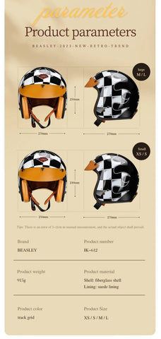 Black & White Checkered Flames & Brown Leather Open Face 3/4 Beasley Motorcycle Helmet