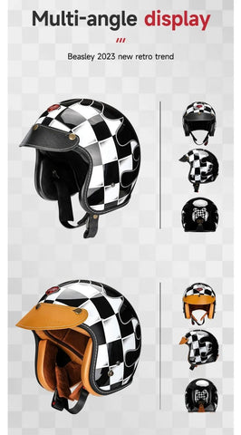 Black & White Checkered Flames & Brown Leather Open Face 3/4 Beasley Motorcycle Helmet