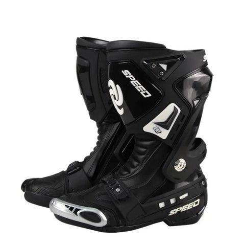 Black & White Tall Speed Leather Motorcycle Boots