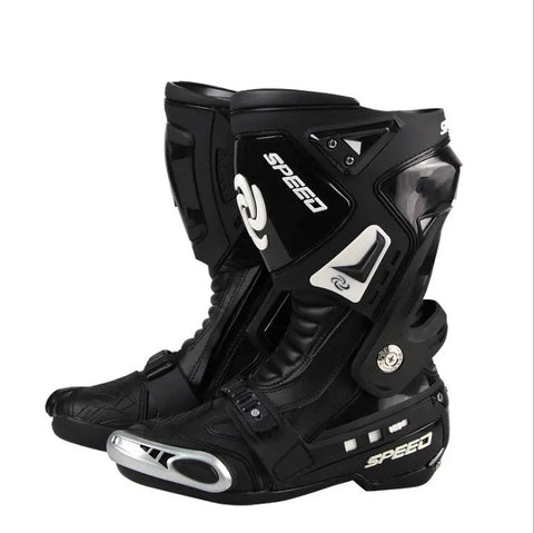 White & Black Tall Speed Leather Motorcycle Boots