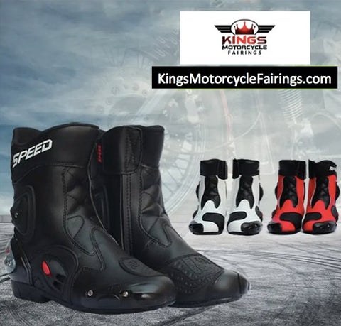 Black, Red & White Speed Leather Motorcycle Mid Boots