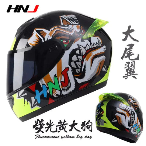 Black & Yellow Dog HNJ Motorcycle Helmet with Clear Visor