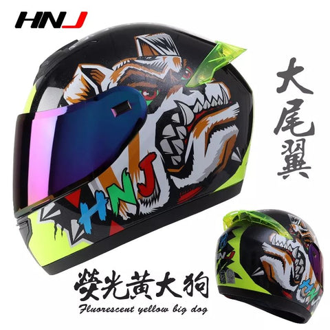 Black & Yellow Dog HNJ Motorcycle Helmet with Black Visor