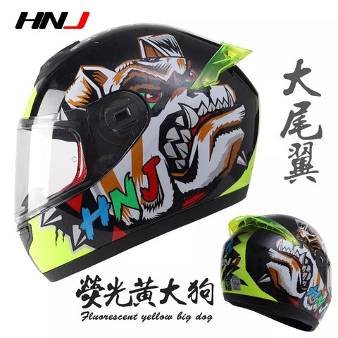 Black & Yellow Dog HNJ Motorcycle Helmet with Black Visor