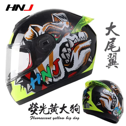 Black & Yellow Dog HNJ Motorcycle Helmet with Blue & Pink Visor