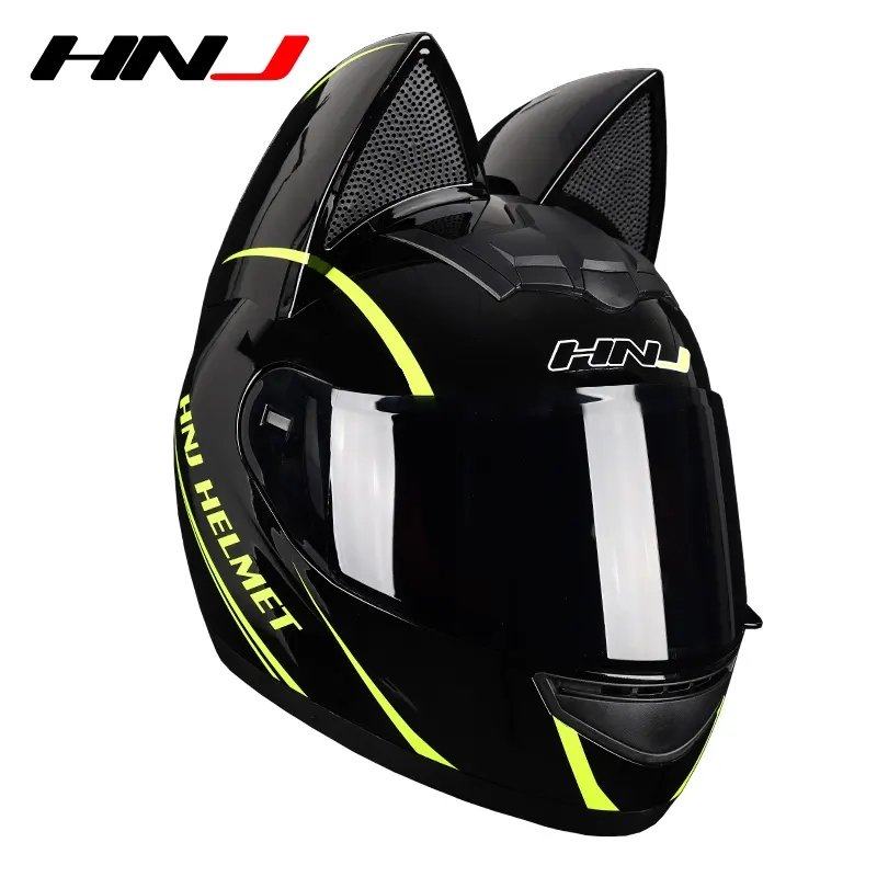 Black & Yellow HNJ Motorcycle Helmet with Cat Ears & Black Visor