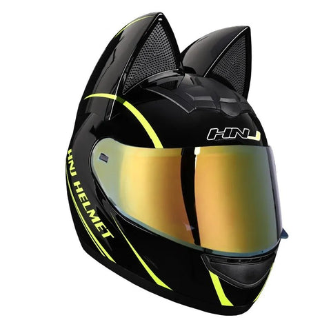 Black & Yellow HNJ Motorcycle Helmet with Cat Ears & Black Visor