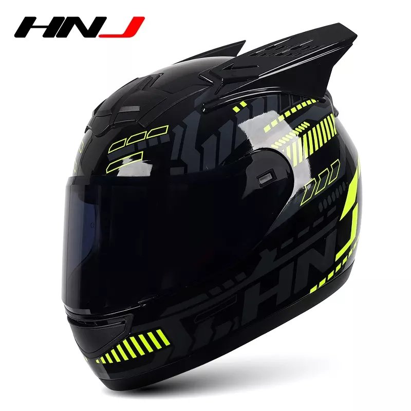 Black, Yellow & Gray Pulse HNJ Motorcycle Helmet with Horns & Black Visor