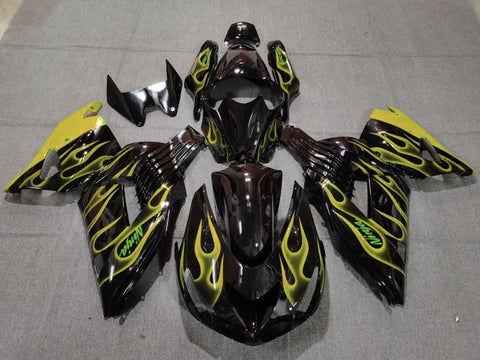 Fairing kit for a Kawasaki Ninja ZX14R (2006-2011) Black & Yellow Flames