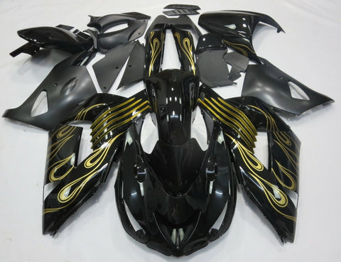 Fairing kit for a Kawasaki Ninja ZX14R (2006-2011) Black & Gold Flames