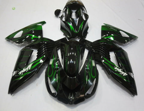 Fairing kit for a Kawasaki Ninja ZX14R (2006-2011) Black & Green Flames