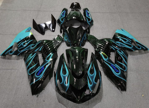 Fairing kit for a Kawasaki Ninja ZX14R (2006-2011) Black & Light Blue Flames