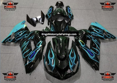 Fairing kit for a Kawasaki Ninja ZX14R (2006-2011) Black & Light Blue Flames