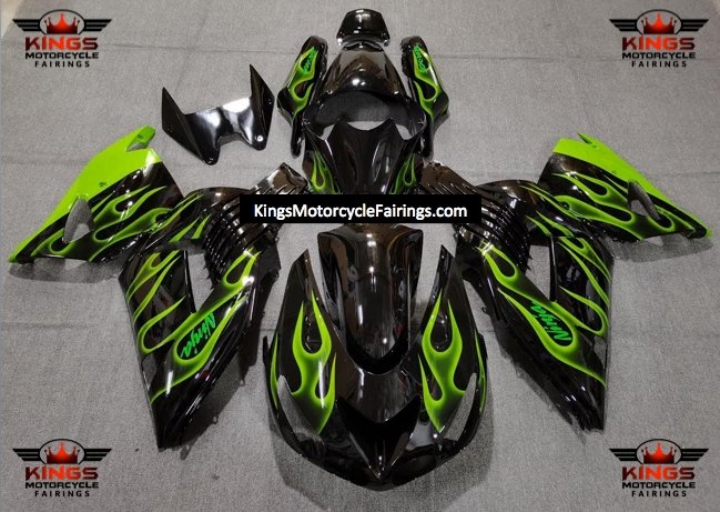 Fairing kit for a Kawasaki Ninja ZX14R (2006-2011) Black & Light Green Flames