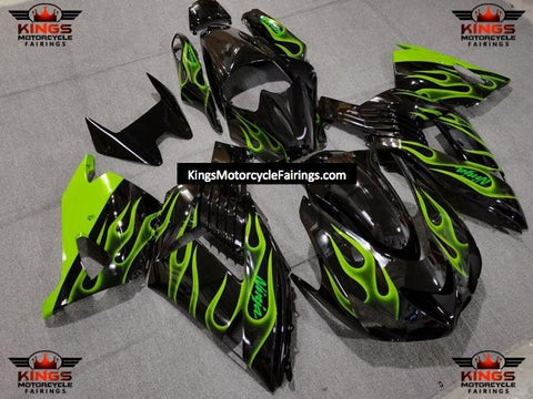 Fairing kit for a Kawasaki Ninja ZX14R (2006-2011) Black & Light Green Flames