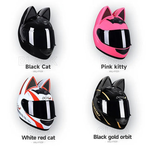 Pink HNJ Motorcycle Helmet with Cat Ears & Gold Visor