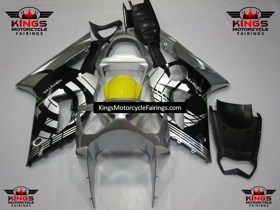 Fairing kit for a Kawasaki ZX6R 636 (2003-2004) Silver, Black & Yellow Striped