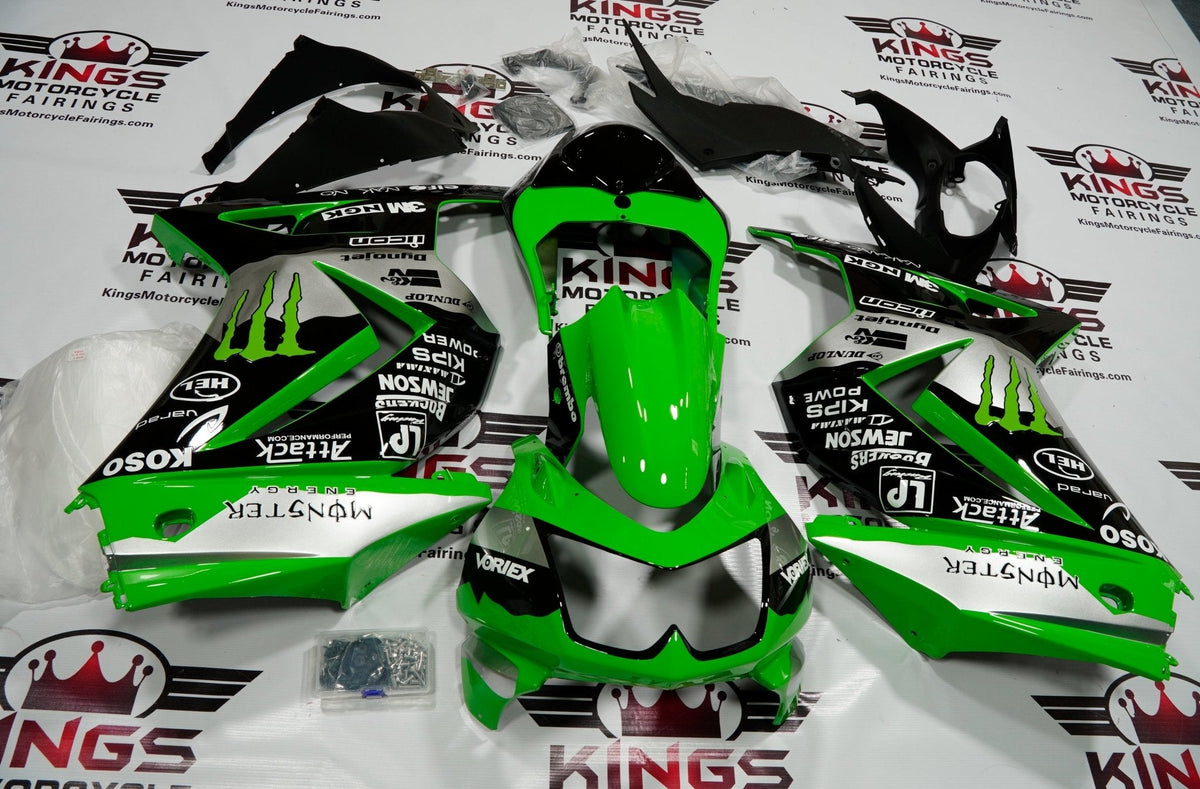 Fairing kit for a Kawasaki Ninja 250R (2008-2013) Green, Black & Silver Monster