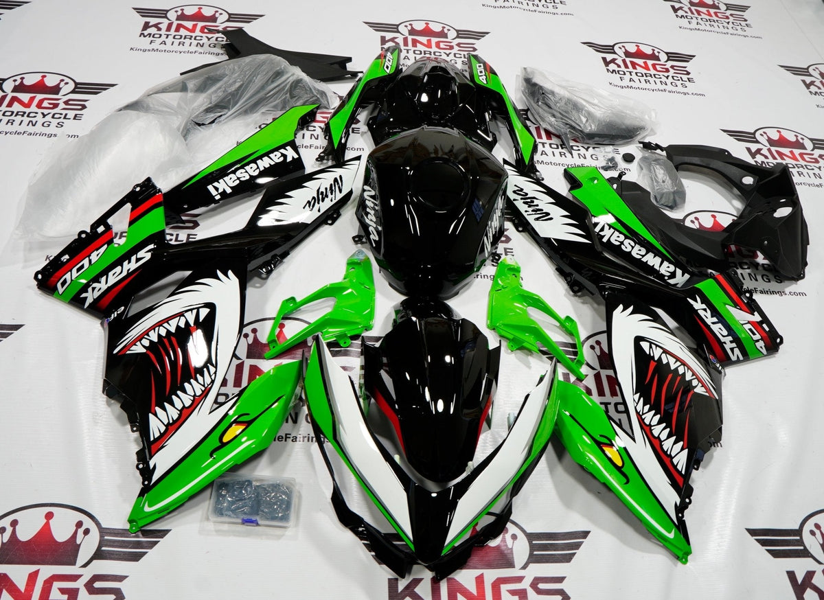 Fairing kit for a Kawasaki Ninja 400 (2018-2023) Green, Black, White & Red Shark