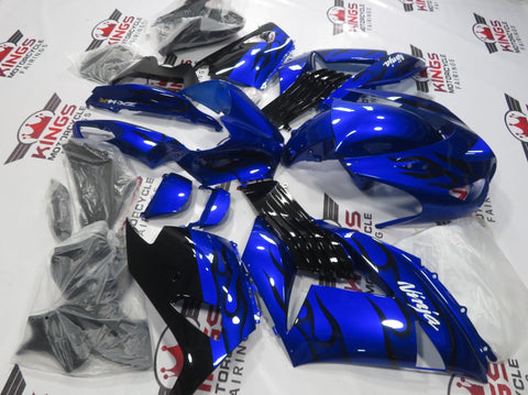 Fairing kit for a Kawasaki Ninja ZX14R (2006-2011) Blue & Black Flames