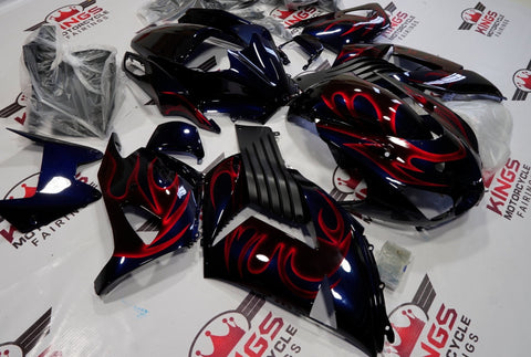 Fairing kit for a Kawasaki Ninja ZX14R (2006-2011) Dark Blue & Candy Red Flames