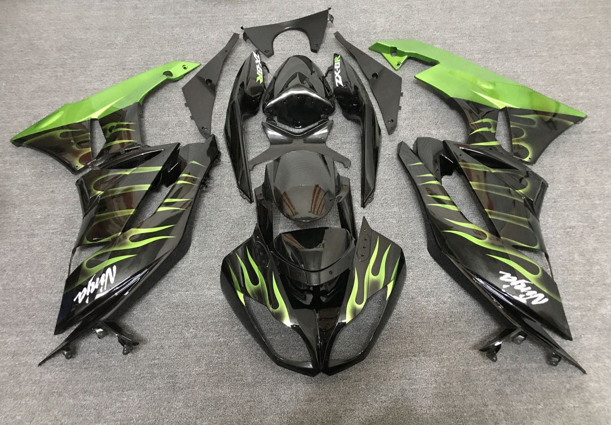 Fairing kit for a Kawasaki Ninja ZX6R 636 (2007-2008) Black & Light Green Flames