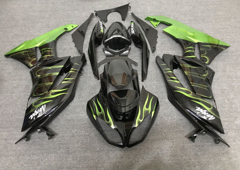 Fairing kit for a Kawasaki Ninja ZX6R 636 (2007-2008) Black & Light Green Flames