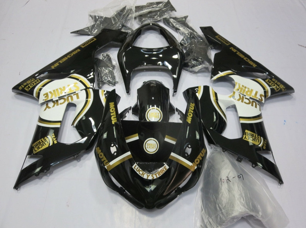 Fairing kit for a Kawasaki ZX6R 636 (2005-2006) Black, Gold & White Lucky Strike