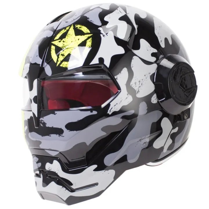 Gray, Black & Yellow Star Camouflage Iron Man Motorcycle Helmet