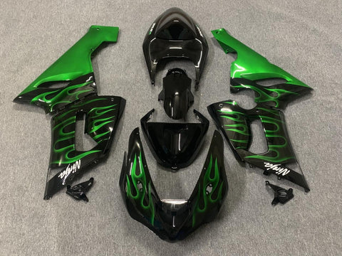 Fairing kit for a Kawasaki ZX6R 636 (2005-2006) Black & Green Flames