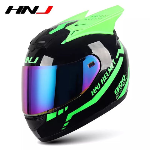 Green & Black Warrior 999 HNJ Motorcycle Helmet with Horns & Clear Visor