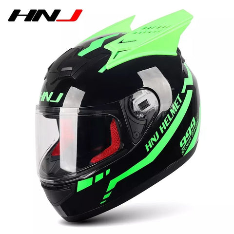 Green & Black Warrior 999 HNJ Motorcycle Helmet with Horns & Clear Visor