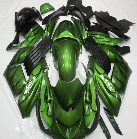 Fairing kit for a Kawasaki Ninja ZX14R (2006-2011) Green & Black Flames