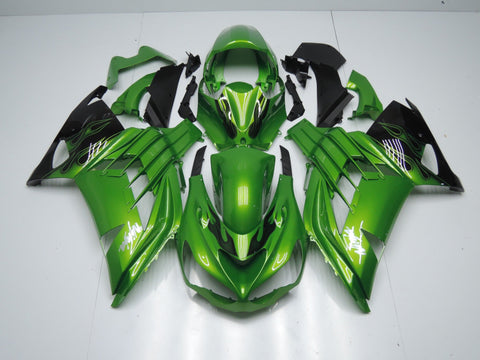 Fairing kit for a Kawasaki Ninja ZX14R (2012-2021) Green & Black Flames