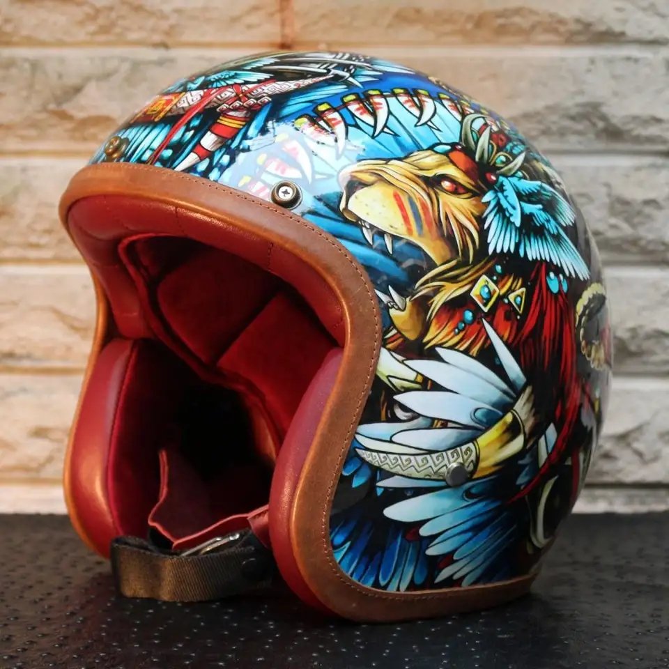 Hand Painted Lion Warrior Retro Motorcycle Helmet