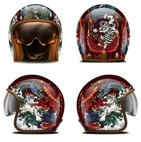 Hand Painted Tiger, Dragon & Phoenix Retro Motorcycle Helmet