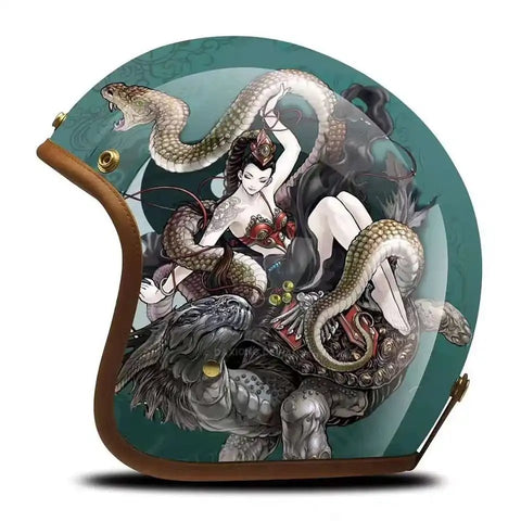 Hand Painted Woman, Snake & Turtle Retro Motorcycle Helmet