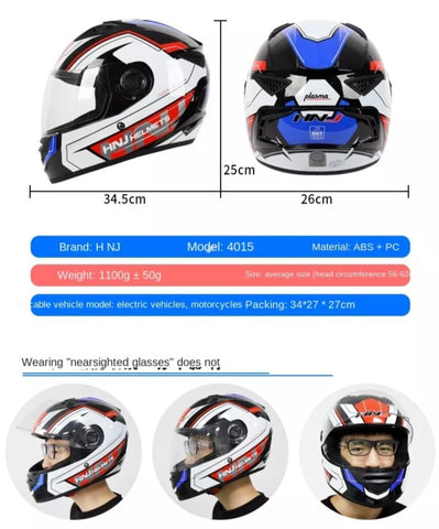 White, Black, Red & Blue HNJ Motorcycle Helmet with Clear Visor