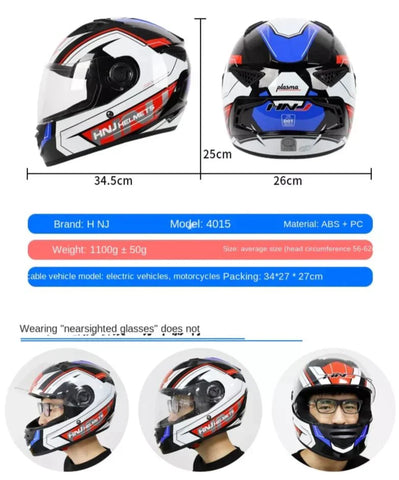 White, Black, Red & Blue HNJ Motorcycle Helmet with Black Visor