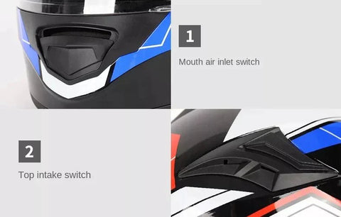 White, Black, Red & Blue HNJ Motorcycle Helmet with Black Visor