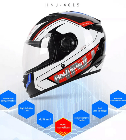 White, Black, Red & Blue HNJ Motorcycle Helmet with Black Visor